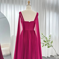 Fuchsia Chiffon Evening Dress with Cape Sleeves – Elegant Yellow Accent Arabic Formal Gown