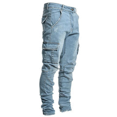 Men's Cargo Denim Jeans – Solid Color Mid-Rise Washed Jeans with Multi Pockets