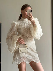 White Lace Mini Dress for Women – Elegant High Neck with Flared Sleeves & Slim Pleats | 2026