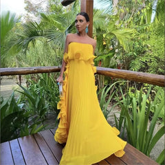 Strapless Pleated Chiffon Gown – Maxi Length Formal Wedding Guest