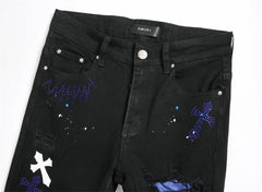 Men's Spring Slim Straight Jeans – Embroidered Cross Medal Detail