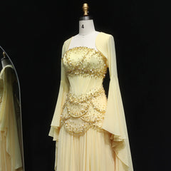 Elegant White & Yellow Chiffon Corset Evening Dress – Luxury Flare Sleeve Jacket Gown