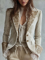 Gold Velvet Floral Set - Bell Sleeve Top + Pocket Pants Casual Suit