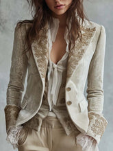 Gold Velvet Floral Set - Bell Sleeve Top + Pocket Pants Casual Suit