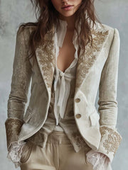 Gold Velvet Floral Set - Bell Sleeve Top + Pocket Pants Casual Suit