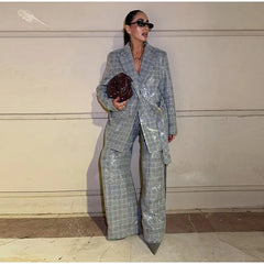 Sequin Stripe Lapel Set – Blazer Top & Wide Leg Pants with Ribbon Detail