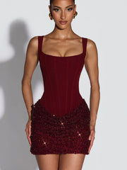 Sequin Patchwork Mini Dress for Women – Chic Off-Shoulder Backless Sling Dress with Waist Cinching