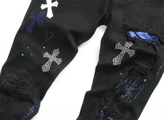 Men's Spring Slim Straight Jeans – Embroidered Cross Medal Detail