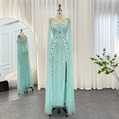 Dubai Champagne Mermaid Evening Dress – Aqua Criss Cross Cape Sleeve Gown