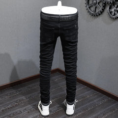 High Street Black Slim Fit Jeans for Men – Washed Stretch Denim with Floral Patch Detail