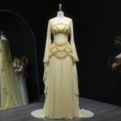 Elegant White & Yellow Chiffon Corset Evening Dress – Luxury Flare Sleeve Jacket Gown