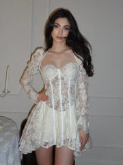 Elegant Patchwork Lace Short Dress for Women 2026