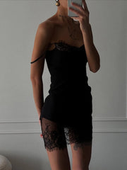 Chic Lace Trim Slip Dress for Women – See-Through Waist Cinched Mini Dress