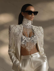 Crystal Embellished Satin Suit Set – Blazer & Pants for Wedding Guest