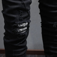 High Street Black Slim Fit Jeans for Men – Washed Stretch Denim with Floral Patch Detail