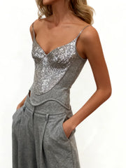 Sequin Patchwork Halter Top – Belted Waist Cincher Street Style Vest
