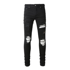 High Street Black Skinny Jeans for Men – Letter Embroidered Slim Fit Denim