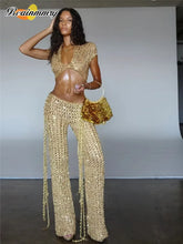 Gold Crochet Two-Piece Set - Deep V Crop Top + Wide Leg Boho Pants