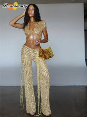 Gold Crochet Two-Piece Set - Deep V Crop Top + Wide Leg Boho Pants