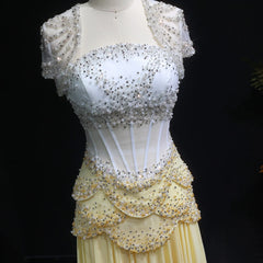 Elegant White & Yellow Chiffon Corset Evening Dress – Luxury Flare Sleeve Jacket Gown