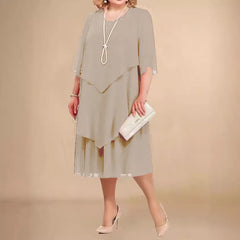 Plus Size Elegant Chiffon Midi Dress – Flowy Irregular Layered Hem, O-Neck Summer Dress