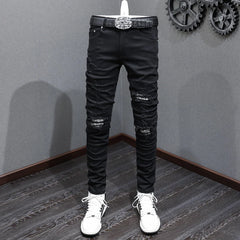 High Street Black Slim Fit Jeans for Men – Washed Stretch Denim with Floral Patch Detail