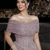 Glitter Off-The-Shoulder Evening Dress – Glamorous Sequin Applique Prom Gown