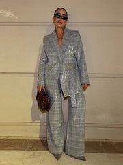 Sequin Stripe Lapel Set – Blazer Top & Wide Leg Pants with Ribbon Detail