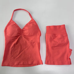 2-Piece Seamless Gym Set Women - Backless Tank Top + High Waist Scrunch Shorts Activewear
