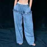 Women’s Peplum Waist Jeans 2026 – Vintage Washed High-Waisted Straight Leg Denim Pants