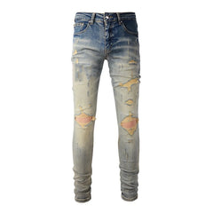 High Street Black Skinny Jeans for Men – Letter Embroidered Slim Fit Denim