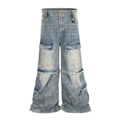 Vintage Washed Detachable Flared Cargo Overalls - Men's Baggy Boot Cut Streetwear Trousers