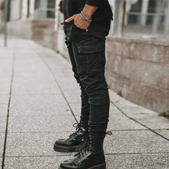 Men's Cargo Denim Jeans – Solid Color Mid-Rise Washed Jeans with Multi Pockets
