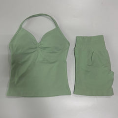 2-Piece Seamless Gym Set Women - Backless Tank Top + High Waist Scrunch Shorts Activewear