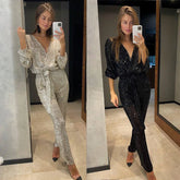 Sequin High-Waisted Jumpsuit for Women – V-Neck Full Sleeve with Lace-Up Waist