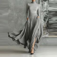 Elegant Turtleneck 2-Piece Set - Long Sleeve Top + Draped Pocket Skirt