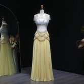 Elegant White & Yellow Chiffon Corset Evening Dress – Luxury Flare Sleeve Jacket Gown