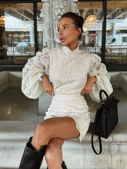 White Lace Mini Dress for Women – Elegant High Neck with Flared Sleeves & Slim Pleats | 2026