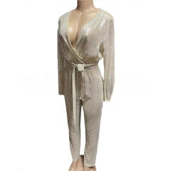Sequin High-Waisted Jumpsuit for Women – V-Neck Full Sleeve with Lace-Up Waist