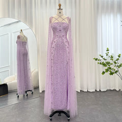 Dubai Champagne Mermaid Evening Dress – Aqua Criss Cross Cape Sleeve Gown