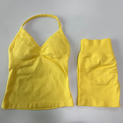 2-Piece Seamless Gym Set Women - Backless Tank Top + High Waist Scrunch Shorts Activewear