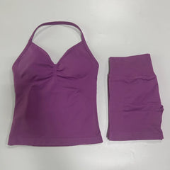 2-Piece Seamless Gym Set Women - Backless Tank Top + High Waist Scrunch Shorts Activewear