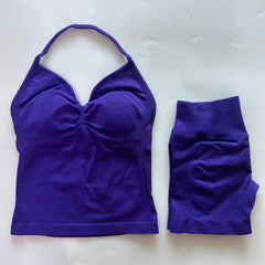 2-Piece Seamless Gym Set Women - Backless Tank Top + High Waist Scrunch Shorts Activewear