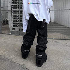 Vintage Wax Coated Cargo Pants Men - Black Wide Leg Baggy Streetwear Trousers