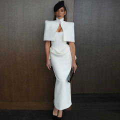 Ivory Pleated Evening Gown – Detachable Cape Polyester Chiffon
