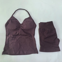 2-Piece Seamless Gym Set Women - Backless Tank Top + High Waist Scrunch Shorts Activewear