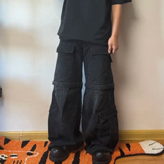 Vintage Washed Detachable Flared Cargo Overalls - Men's Baggy Boot Cut Streetwear Trousers