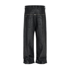 Vintage Hip Hop Wax Coated Jeans Men - Black Zipper Detail Baggy Streetwear Denim