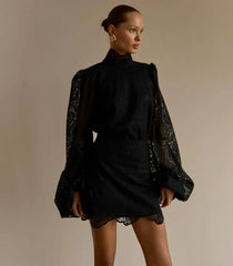 White Lace Mini Dress for Women – Elegant High Neck with Flared Sleeves & Slim Pleats | 2026