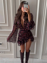 Floral Ruffle Dress Deep V-Neck – Slim A-Line Short Evening Gown